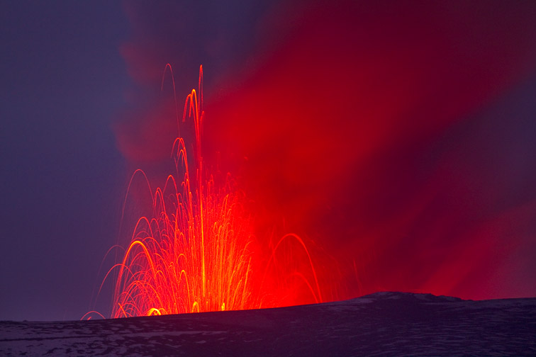 EyjafjallajÃ¶kull volcano showing lava eruption, Iceland, 24th April 2010.